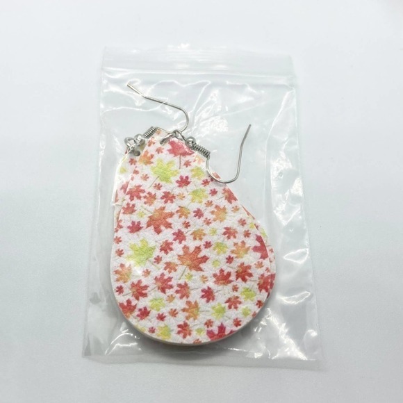 Faux Leather Teardrop Red and Yellow Leaf Print Earrings - Picture 5 of 5